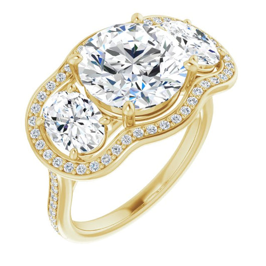 10K Yellow Gold Customizable Round Cut Style with Oval Cut Accents, 3-stone Halo & Thin Shared Prong Band