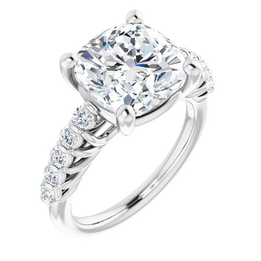 10K White Gold Customizable Cushion Cut Style with Round Bar-set Accents