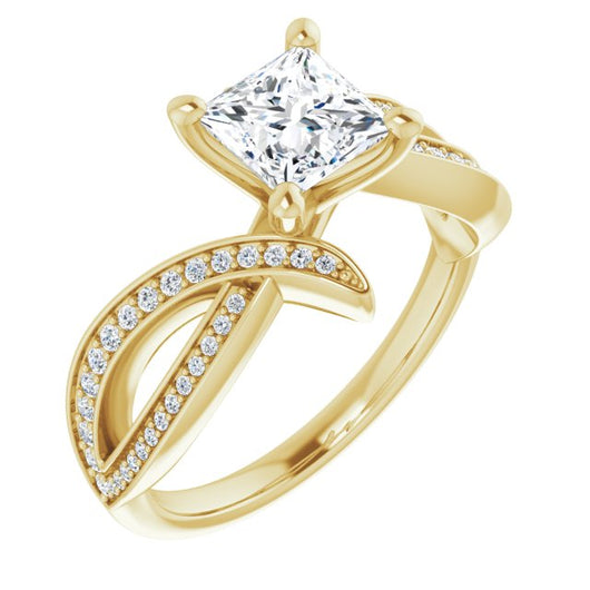 10K Yellow Gold Customizable Princess/Square Cut Design with Swooping Pavé Bypass Band