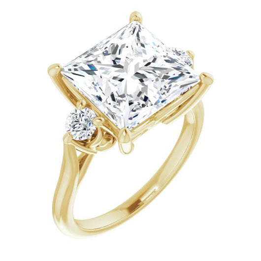 10K Yellow Gold Customizable Three-stone Princess/Square Cut Design with Small Round Accents and Vintage Trellis/Basket