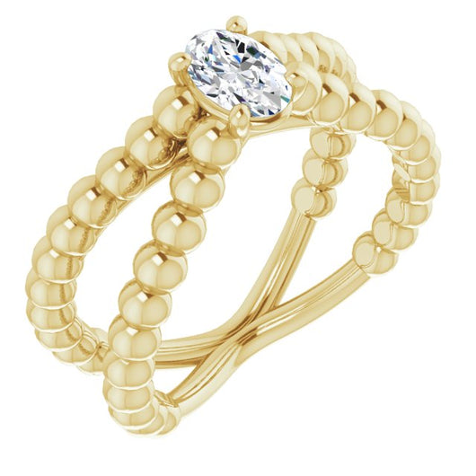 10K Yellow Gold Customizable Oval Cut Solitaire with Wide Beaded Split-Band