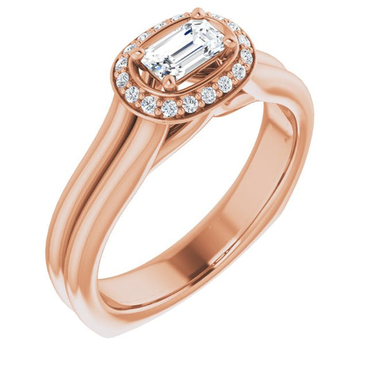 10K Rose Gold Customizable Emerald/Radiant Cut Style with Halo, Wide Split Band and Euro Shank