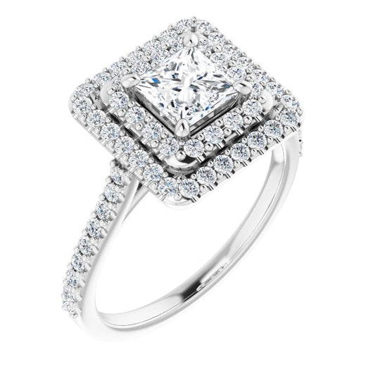 10K White Gold Customizable Double-Halo Princess/Square Cut Design with Accented Split Band