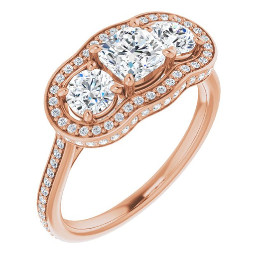 10K Rose Gold Customizable 3-stone Cushion Cut Design with Multi-Halo Enhancement and 150+-stone Pavé Band