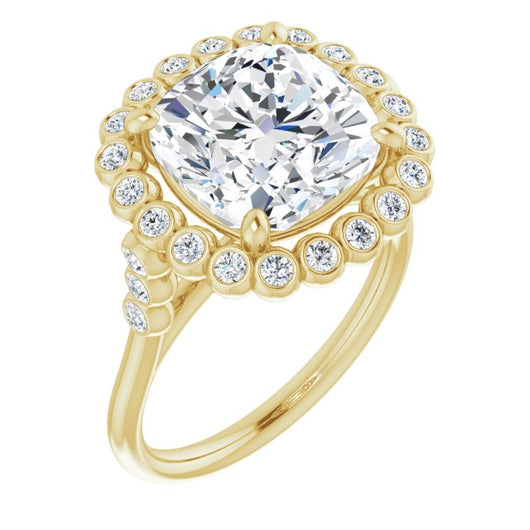 10K Yellow Gold Customizable Cushion Cut Cathedral-Style Clustered Halo Design with Round Bezel Accents