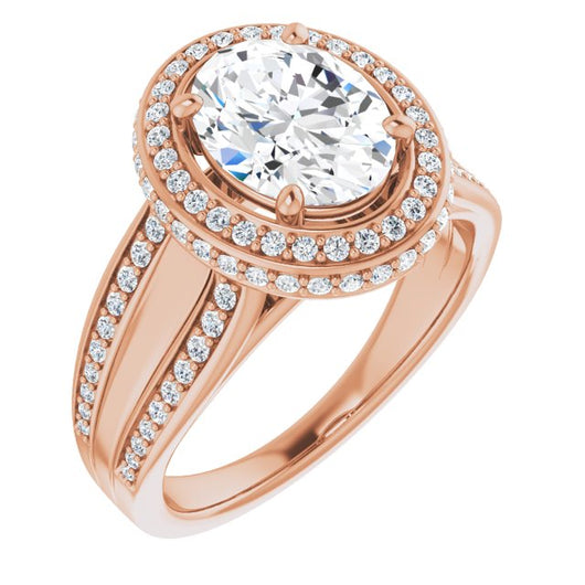 10K Rose Gold Customizable Halo-style Oval Cut with Under-halo & Ultra-wide Band