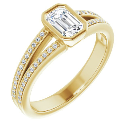 10K Yellow Gold Customizable Bezel-set Emerald/Radiant Cut Design with Split Shared Prong Band