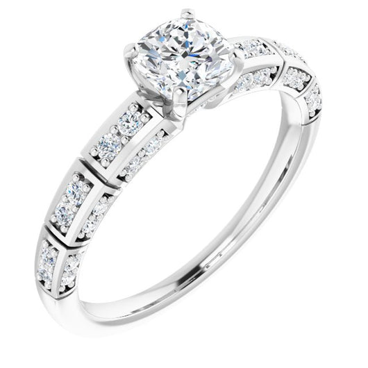 14K White Gold Customizable Cushion Cut Style with Three-sided, Segmented Shared Prong Band