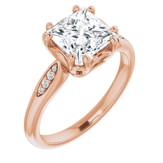 10K Rose Gold Customizable 9-stone Princess/Square Cut Design with 8-prong Decorative Basket & Round Cut Side Stones