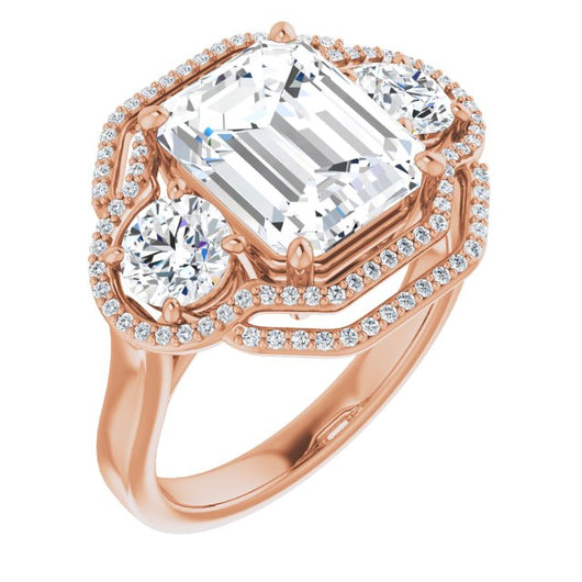 10K Rose Gold Customizable Cathedral-set Enhanced 3-stone Emerald/Radiant Cut Design with Multidirectional Halo