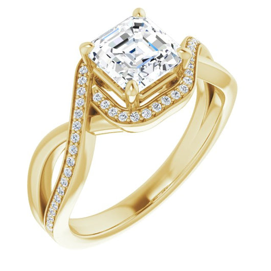 10K Yellow Gold Customizable Bypass-Halo-Accented Asscher Cut Center with Twisting Split Shared Prong Band