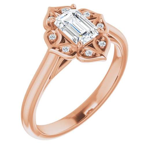 10K Rose Gold Customizable Cathedral-raised Emerald/Radiant Cut Design with Star Halo & Round-Bezel Peekaboo Accents