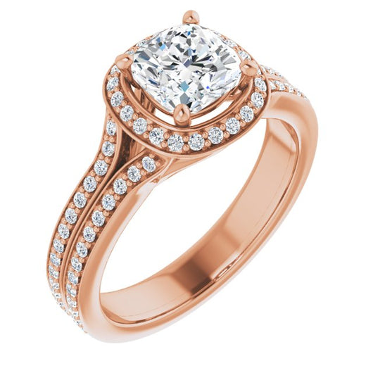 10K Rose Gold Customizable Cathedral-raised Cushion Cut Setting with Halo and Shared Prong Band