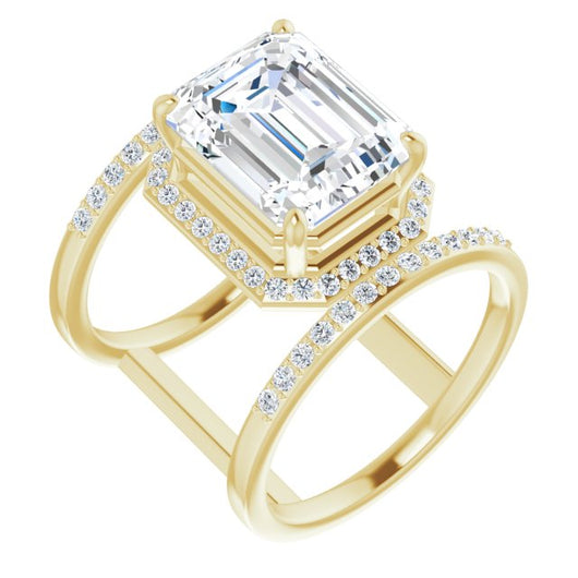 10K Yellow Gold Customizable Emerald/Radiant Cut Halo Design with Open, Ultrawide Harness Double Pavé Band