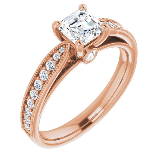 10K Rose Gold Customizable Asscher Cut Style featuring Milgrained Shared Prong Band & Dual Peekaboos