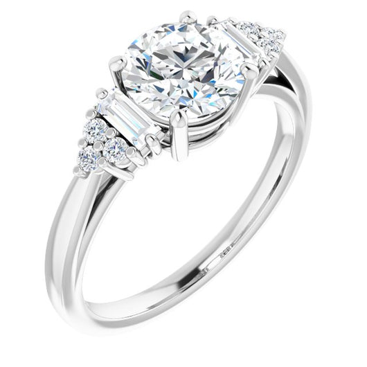 10K White Gold Customizable 9-stone Design with Round Cut Center, Side Baguettes and Tri-Cluster Round Accents