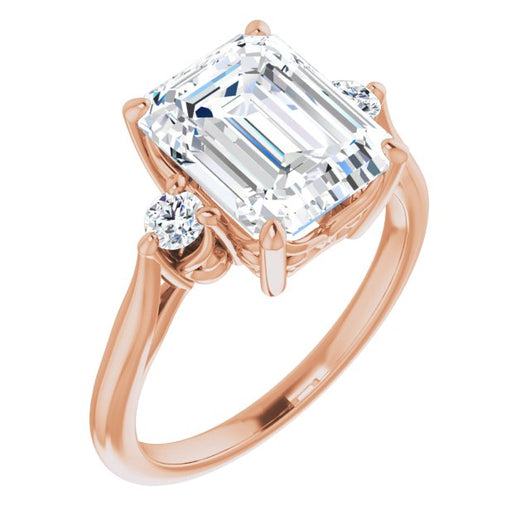 10K Rose Gold Customizable Three-stone Emerald/Radiant Cut Design with Small Round Accents and Vintage Trellis/Basket