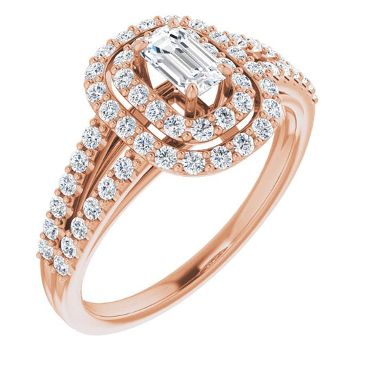 10K Rose Gold Customizable Emerald/Radiant Cut Design with Double Halo and Wide Split-Pavé Band