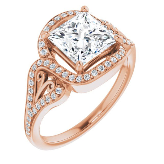 10K Rose Gold Customizable Princess/Square Cut Design with Bypass Halo and Split-Shared Prong Band