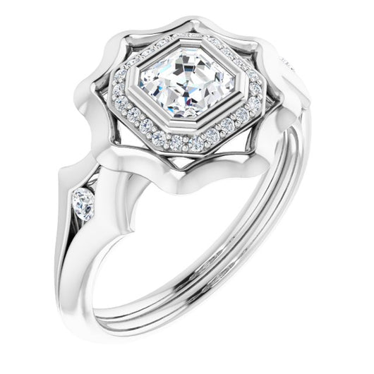 10K White Gold Customizable Bezel-set Asscher Cut with Halo & Oversized Floral Design