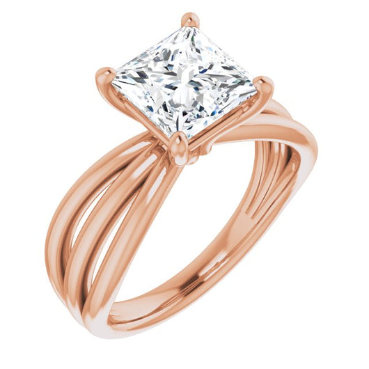 10K Rose Gold Customizable Princess/Square Cut Solitaire Design with Wide, Ribboned Split-band