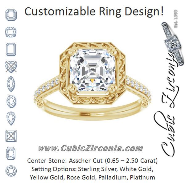 Cubic Zirconia Engagement Ring- The Montserrat  (Customizable Asscher Cut Halo Design with Filigree and Accented Band)