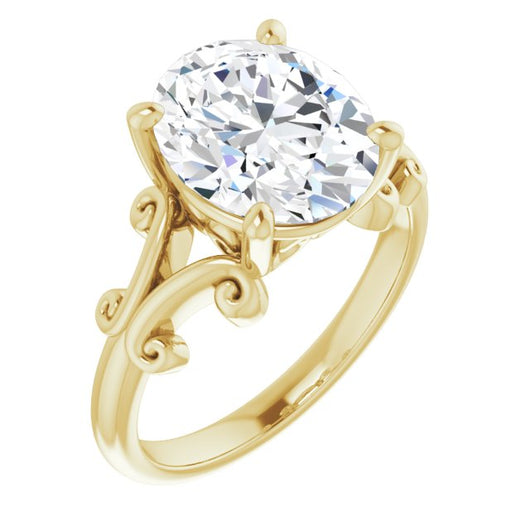 10K Yellow Gold Customizable Oval Cut Solitaire with Band Flourish and Decorative Trellis