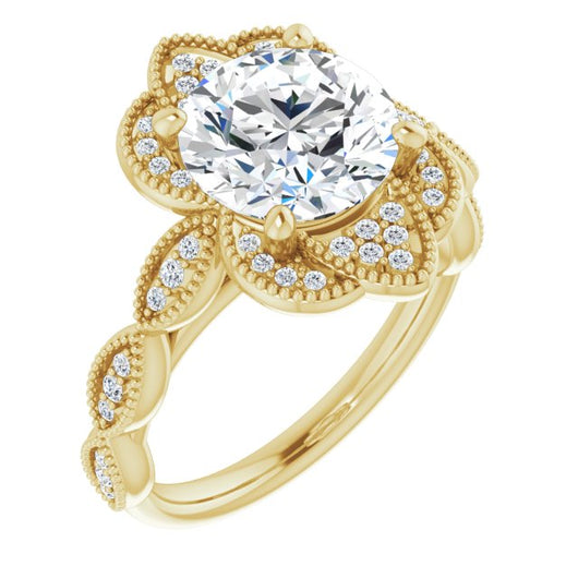 10K Yellow Gold Customizable Cathedral-style Round Cut Design with Floral Segmented Halo & Milgrain+Accents Band