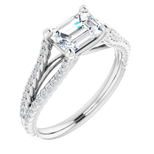 10K White Gold Customizable Emerald/Radiant Cut Style with Split Band and Rope-Pavé