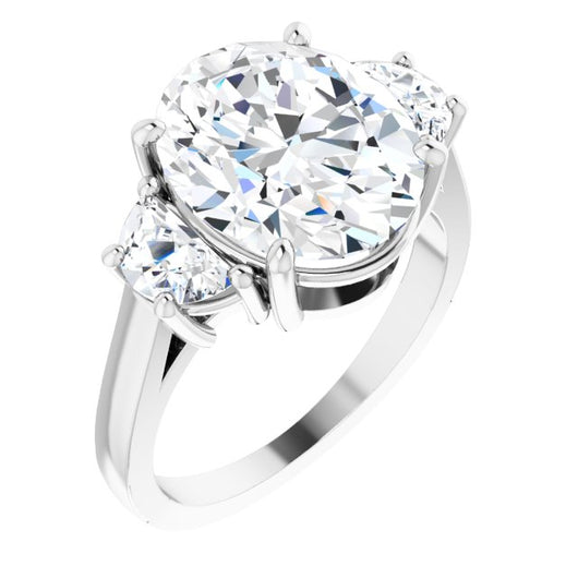 10K White Gold Customizable 3-stone Design with Oval Cut Center and Half-moon Side Stones