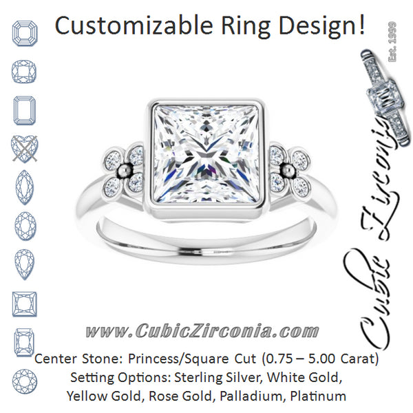 Cubic Zirconia Engagement Ring- The Kjerstin Rose (Customizable 9-stone Bezel-set Princess/Square Cut Design with Quad Round Bezel Side Stones Each Side)