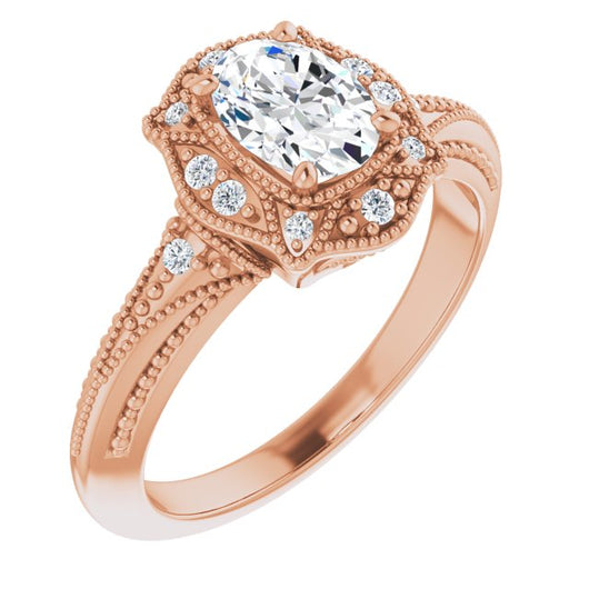 10K Rose Gold Customizable Vintage Oval Cut Design with Beaded Milgrain and Starburst Semi-Halo