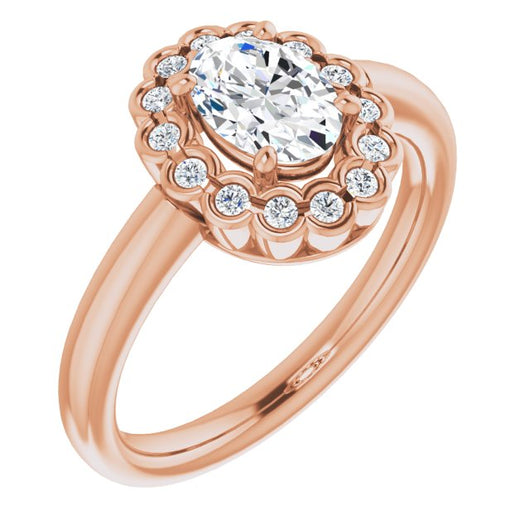 10K Rose Gold Customizable 13-stone Oval Cut Design with Floral-Halo Round Bezel Accents