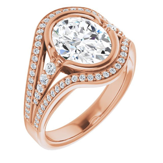 10K Rose Gold Customizable Cathedral-Bezel Oval Cut Design with Wide Triple-Split-Pavé Band