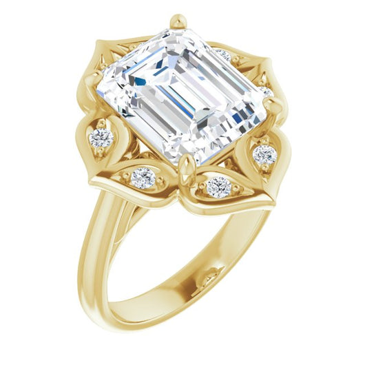 10K Yellow Gold Customizable Cathedral-raised Emerald/Radiant Cut Design with Star Halo & Round-Bezel Peekaboo Accents