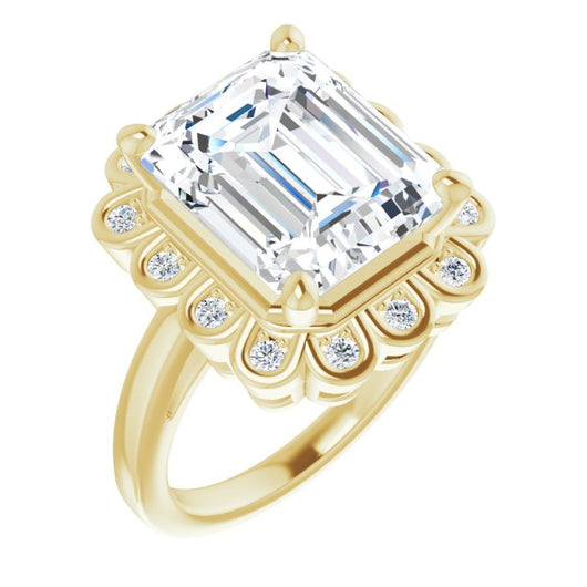 10K Yellow Gold Customizable 9-stone Emerald/Radiant Cut Design with Round Bezel Side Stones