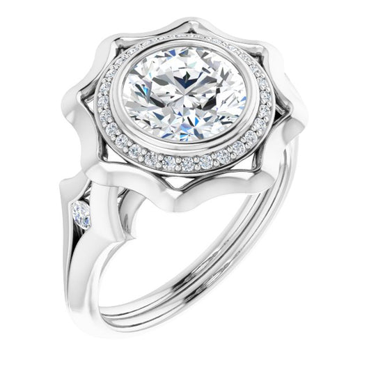 10K White Gold Customizable Bezel-set Round Cut with Halo & Oversized Floral Design