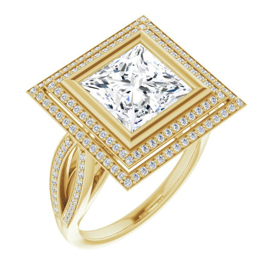 10K Yellow Gold Customizable Bezel-set Princess/Square Cut Style with Double Halo and Split Shared Prong Band