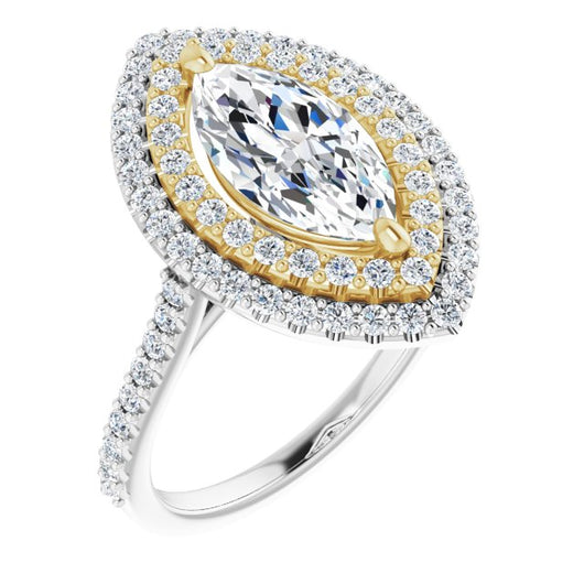 14K White & Yellow Gold Customizable Double-Halo Marquise Cut Design with Accented Split Band