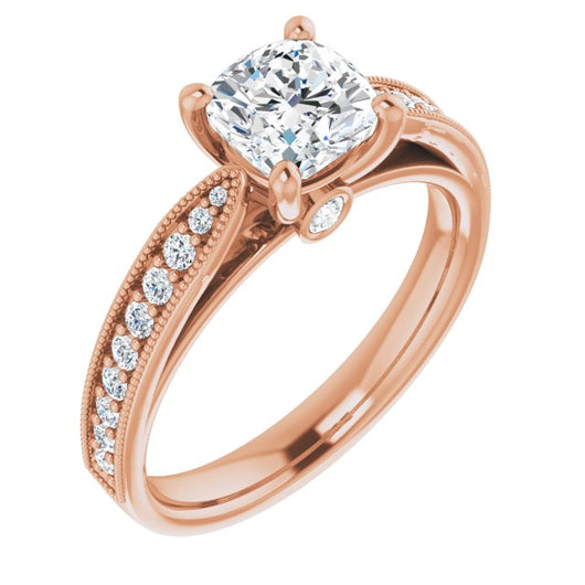 10K Rose Gold Customizable Cushion Cut Style featuring Milgrained Shared Prong Band & Dual Peekaboos