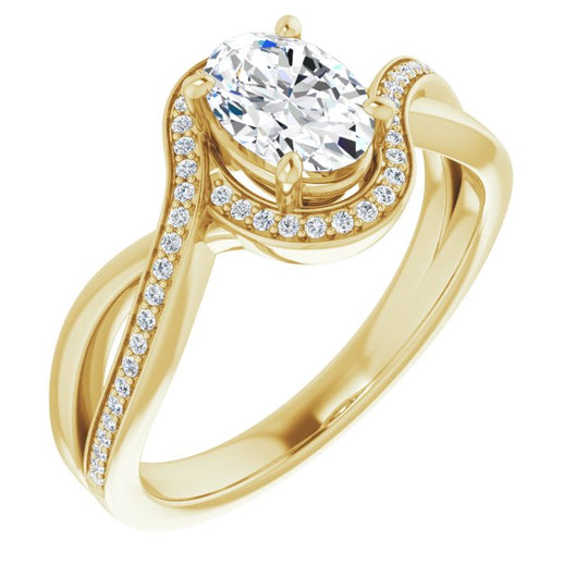 10K Yellow Gold Customizable Bypass-Halo-Accented Oval Cut Center with Twisting Split Shared Prong Band