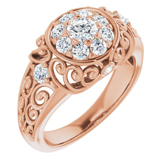 10K Rose Gold Customizable Round Cut Halo Style with Round Prong Side Stones and Intricate Metalwork