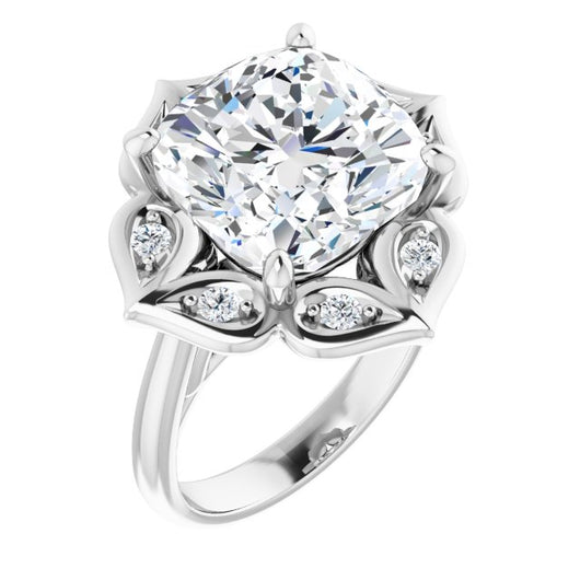 10K White Gold Customizable Cathedral-raised Cushion Cut Design with Star Halo & Round-Bezel Peekaboo Accents