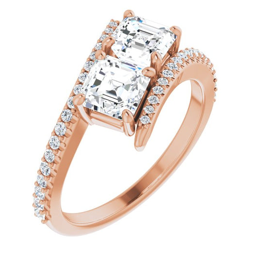 10K Rose Gold Customizable Double Asscher Cut 2-stone Design with Ultra-thin Bypass Band and Pavé Enhancement