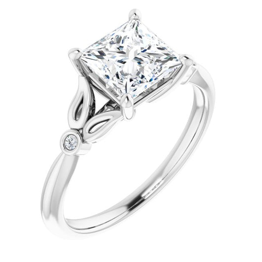 10K White Gold Customizable 3-stone Princess/Square Cut Design with Thin Band and Twin Round Bezel Side Stones