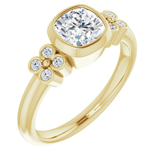 10K Yellow Gold Customizable 9-stone Bezel-set Cushion Cut Design with Quad Round Bezel Side Stones Each Side