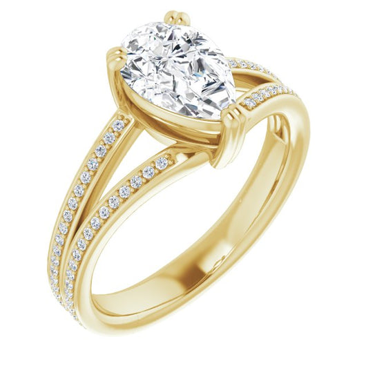 10K Yellow Gold Customizable Pear Cut Center with 100-stone* "Waterfall" Pavé Split Band