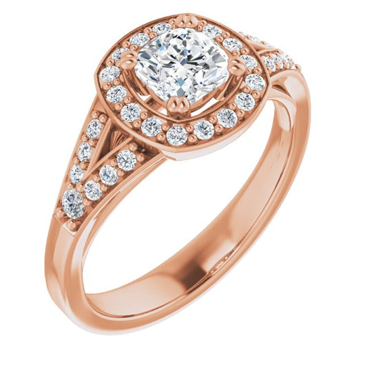 10K Rose Gold Customizable Cathedral-set Cushion Cut Style with Accented Split Band and Halo