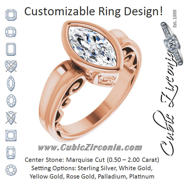 Cubic Zirconia Engagement Ring- The Fredrika (Customizable Bezel-set Marquise Cut Solitaire with Wide 3-sided Band)