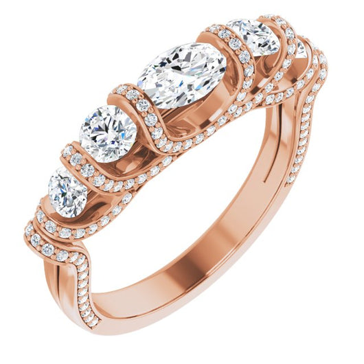 10K Rose Gold Customizable Bar-set Oval Cut 5-stone Design Plus Grandiose Pavé Accents